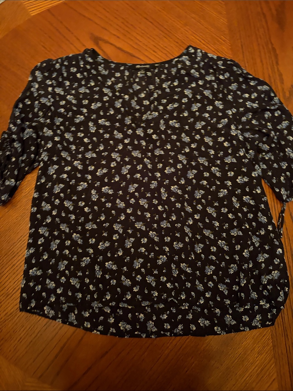 Madewell 100% Silk Black Floral Peasant Top - Blue Print